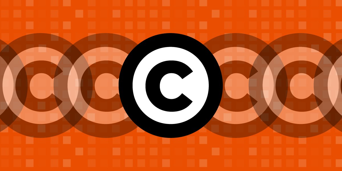 Copyright symbols repeated across an orange pixel background