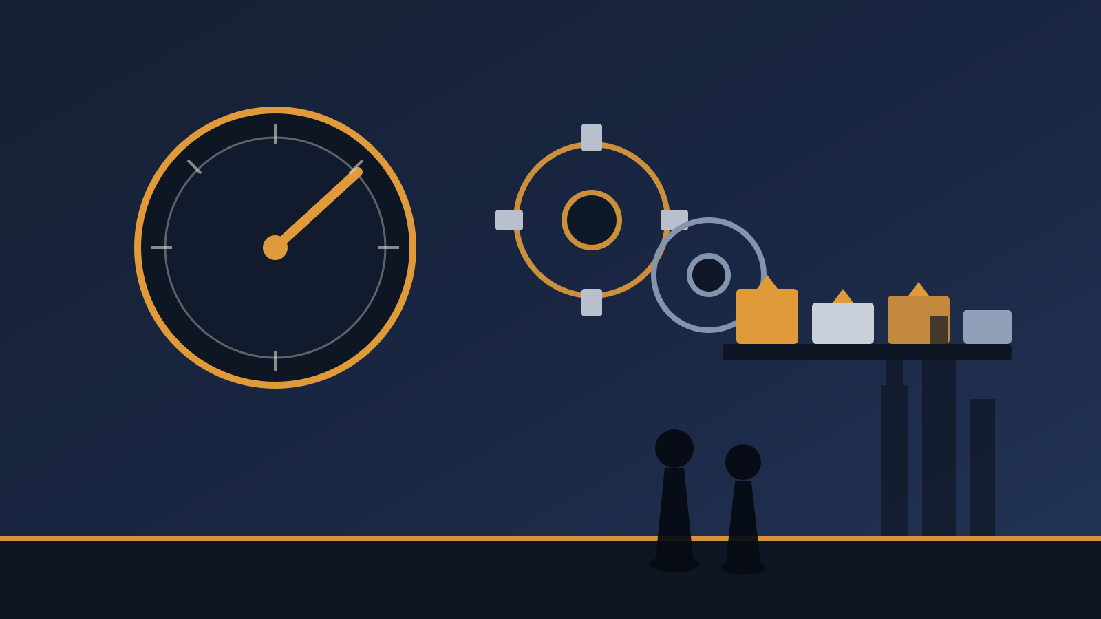 Flat illustration of a blank factory gauge with an upward needle, interlocking gears, conveyor crates and worker silhouettes