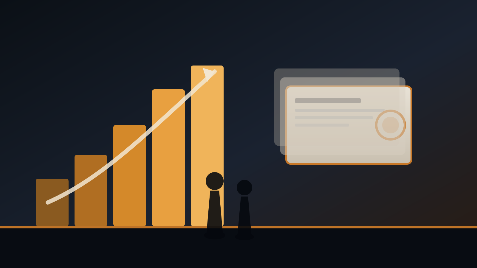 Flat editorial illustration of a steep rising yield staircase beside a stack of bond certificates with two silhouettes under a dark slate and copper palette