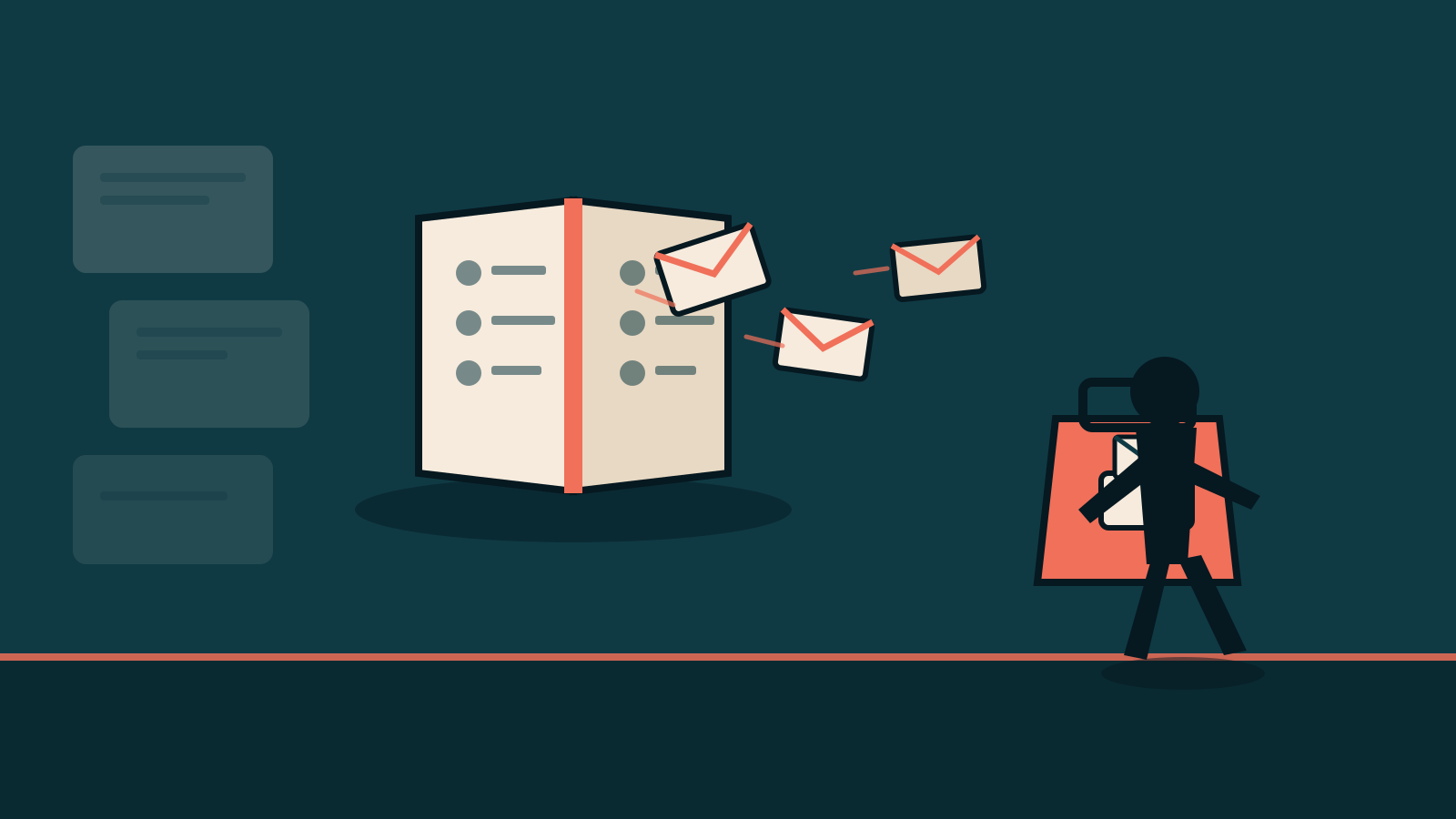 Flat illustration of an open address book, flying envelopes, a satchel, and a silhouette walking with an owned list