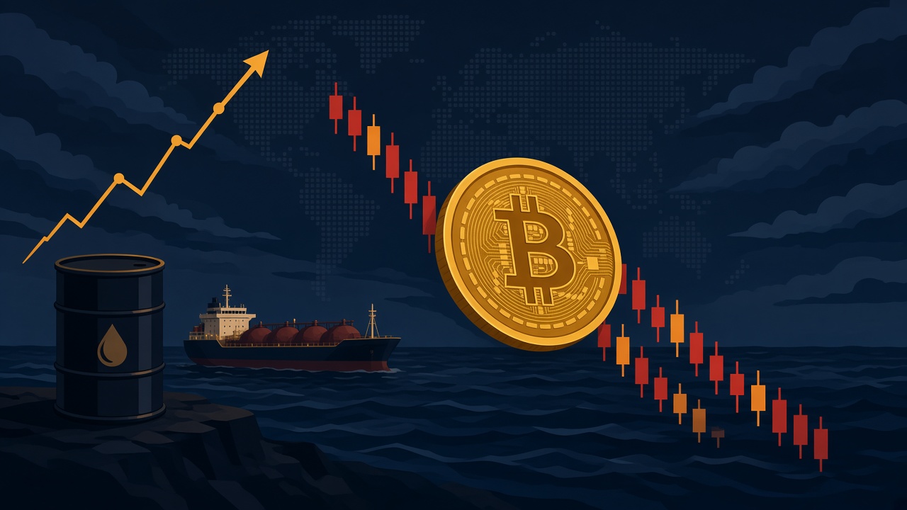 Vlakke illustratie van dalende bitcoin-kaarsen, een olievat en een tanker in donkerblauw en amber