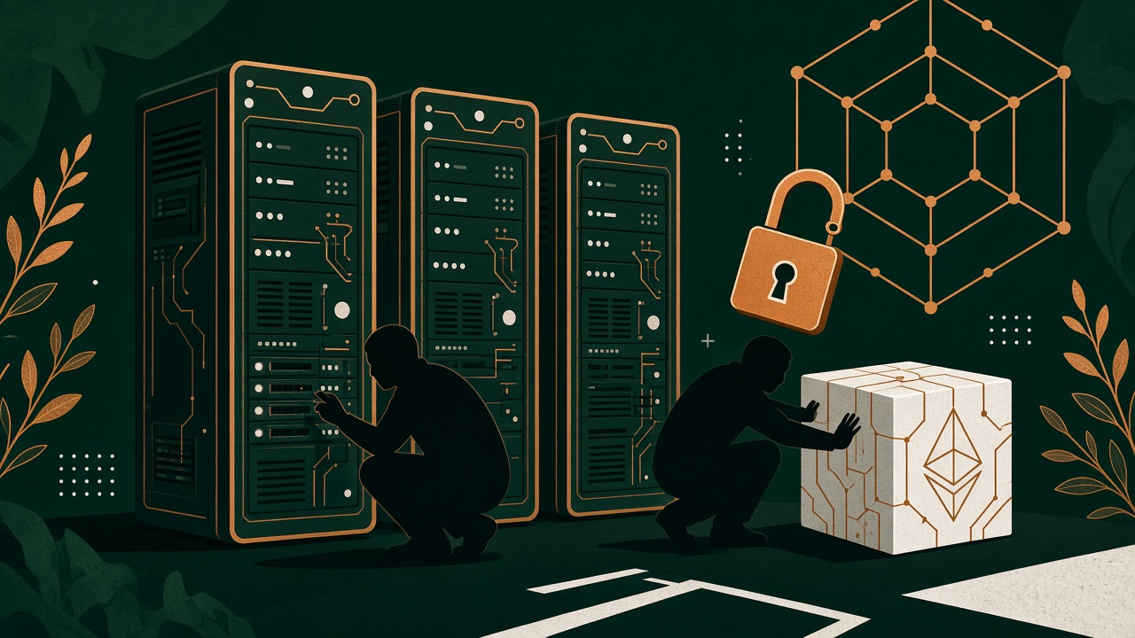 Vlakke illustratie van validator-torens, een open hangslot en silhouetten die staking-apparatuur uitschakelen