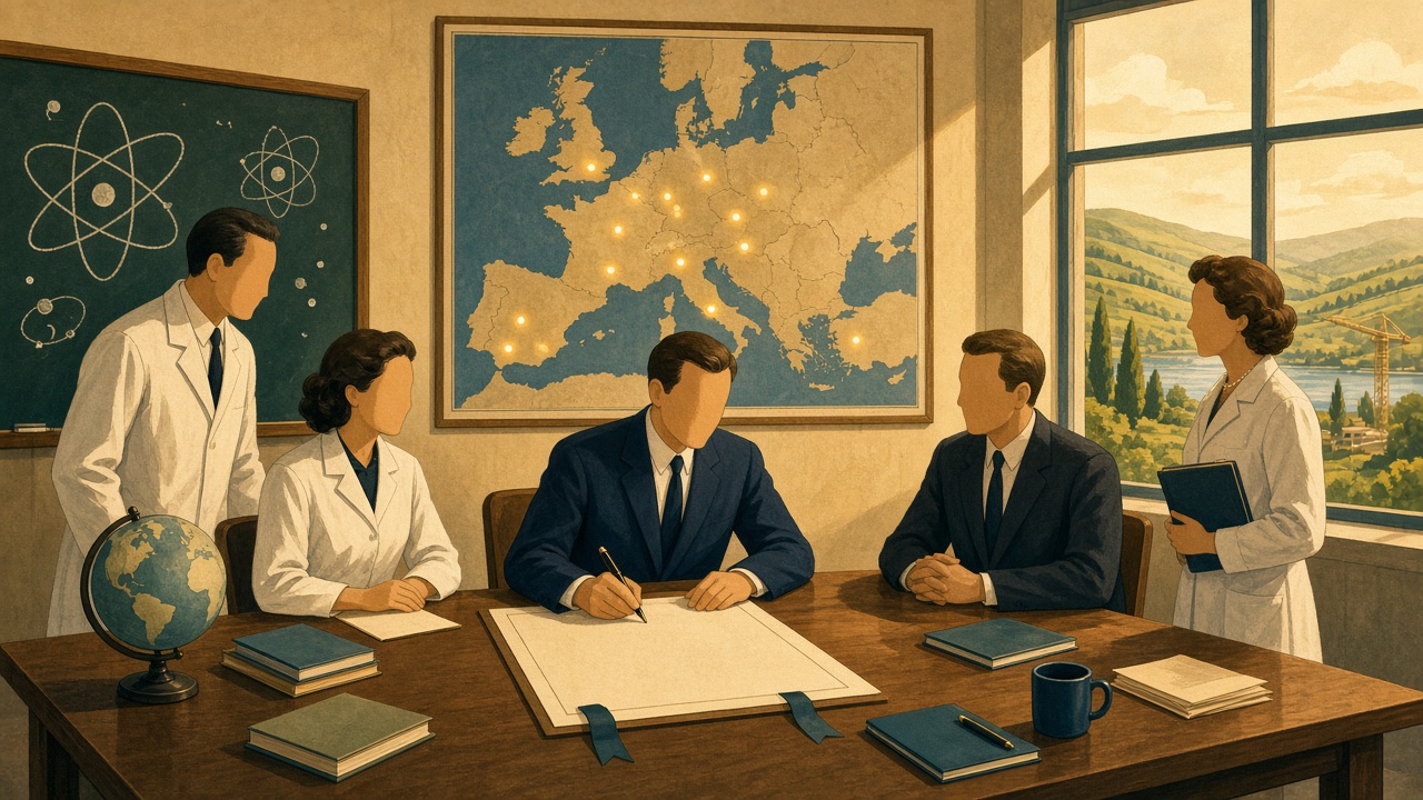 Wetenschappers ondertekenen in 1954 het verdrag voor een Europees natuurkundelab