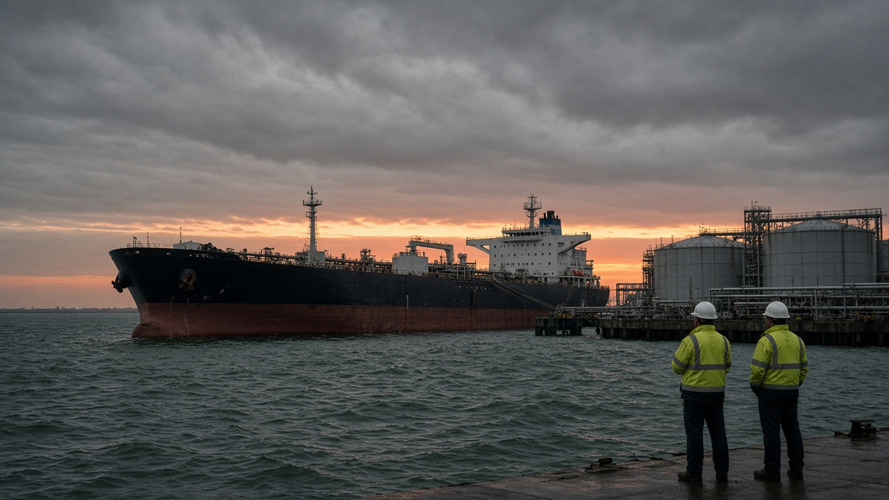 Olietanker bij een terminal in de Rotterdamse haven onder een grijze avondlucht, twee havenwerkers kijken toe