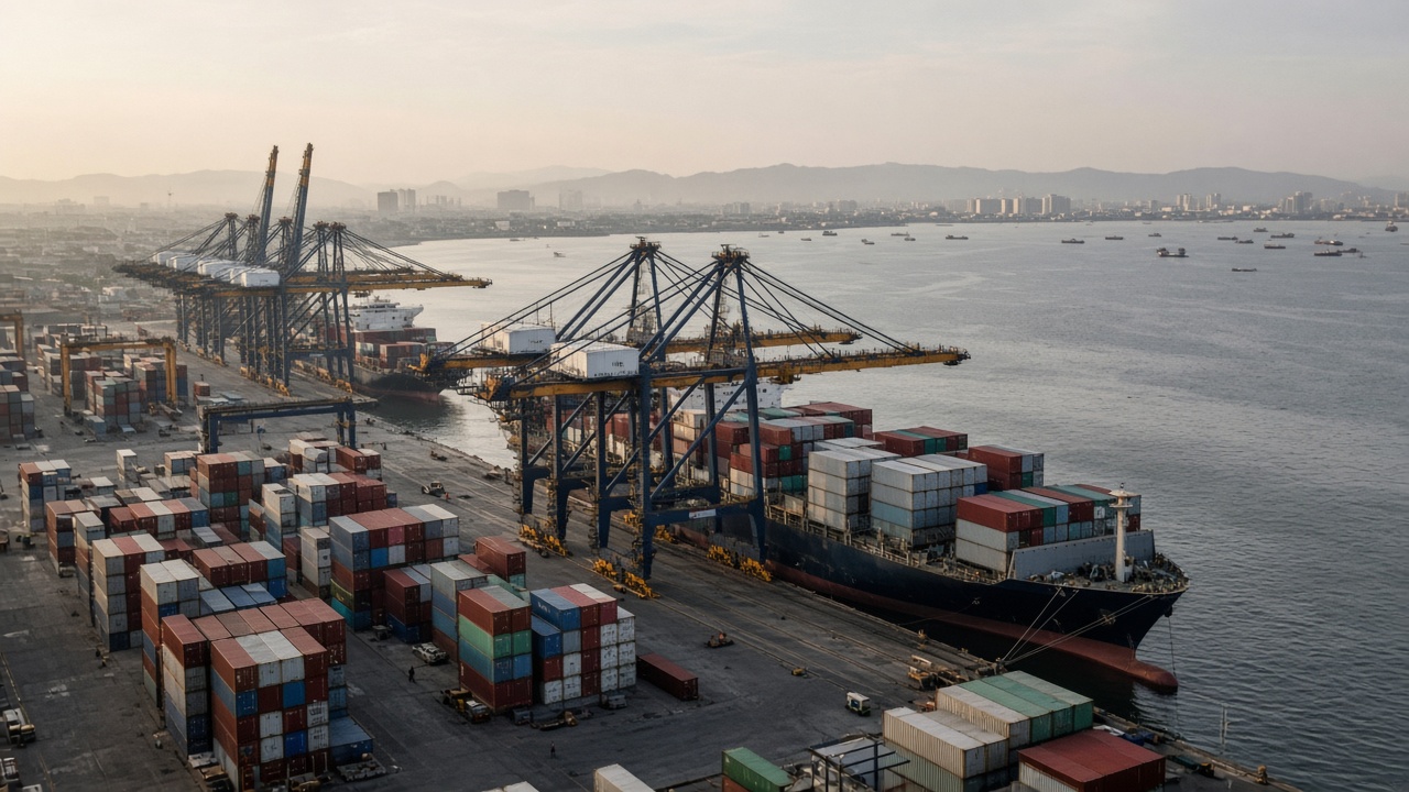 Vlakke illustratie van containerschepen en parallelle handelsroutes naar een Europese havenpoort