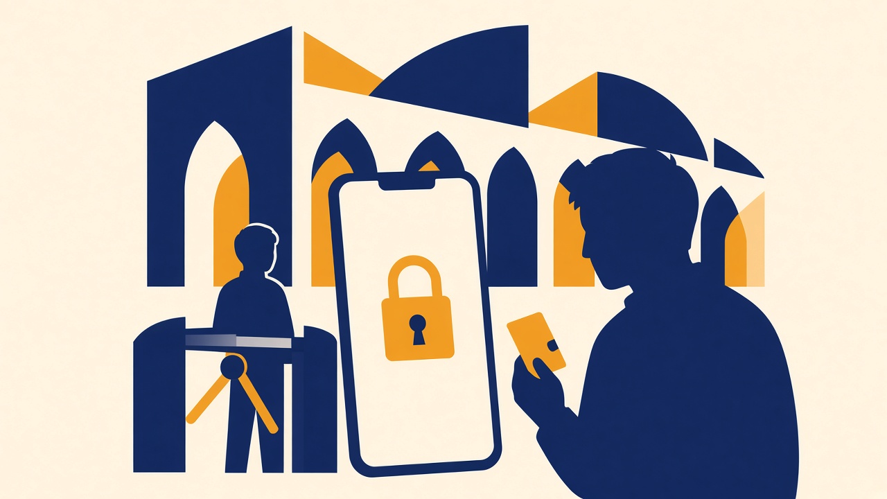 Vlakke illustratie van een smartphone met slot, een jongere bij een toegangspoortje en een ouder met pasje