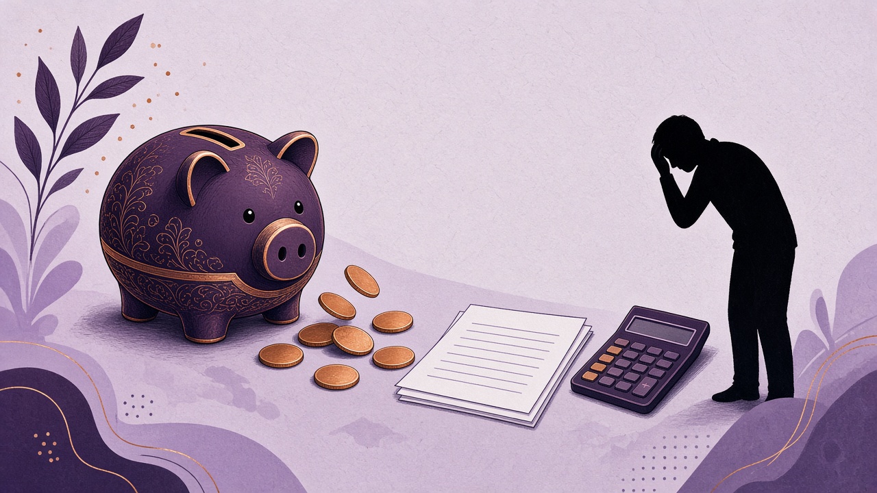 Flat illustration of a piggy bank, blank tax forms, a calculator and a worried silhouette under fiscal pressure