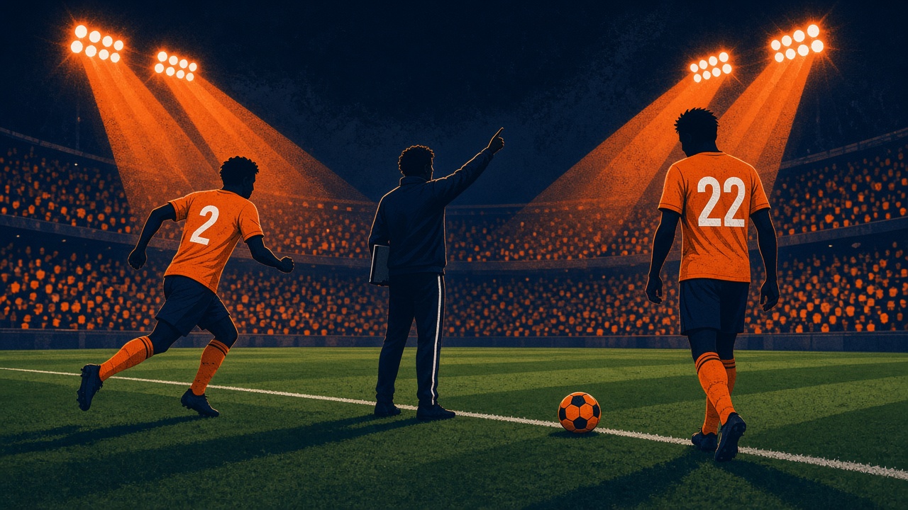 Vlakke illustratie van twee Oranje-backs bij een wissel onder stadionlicht