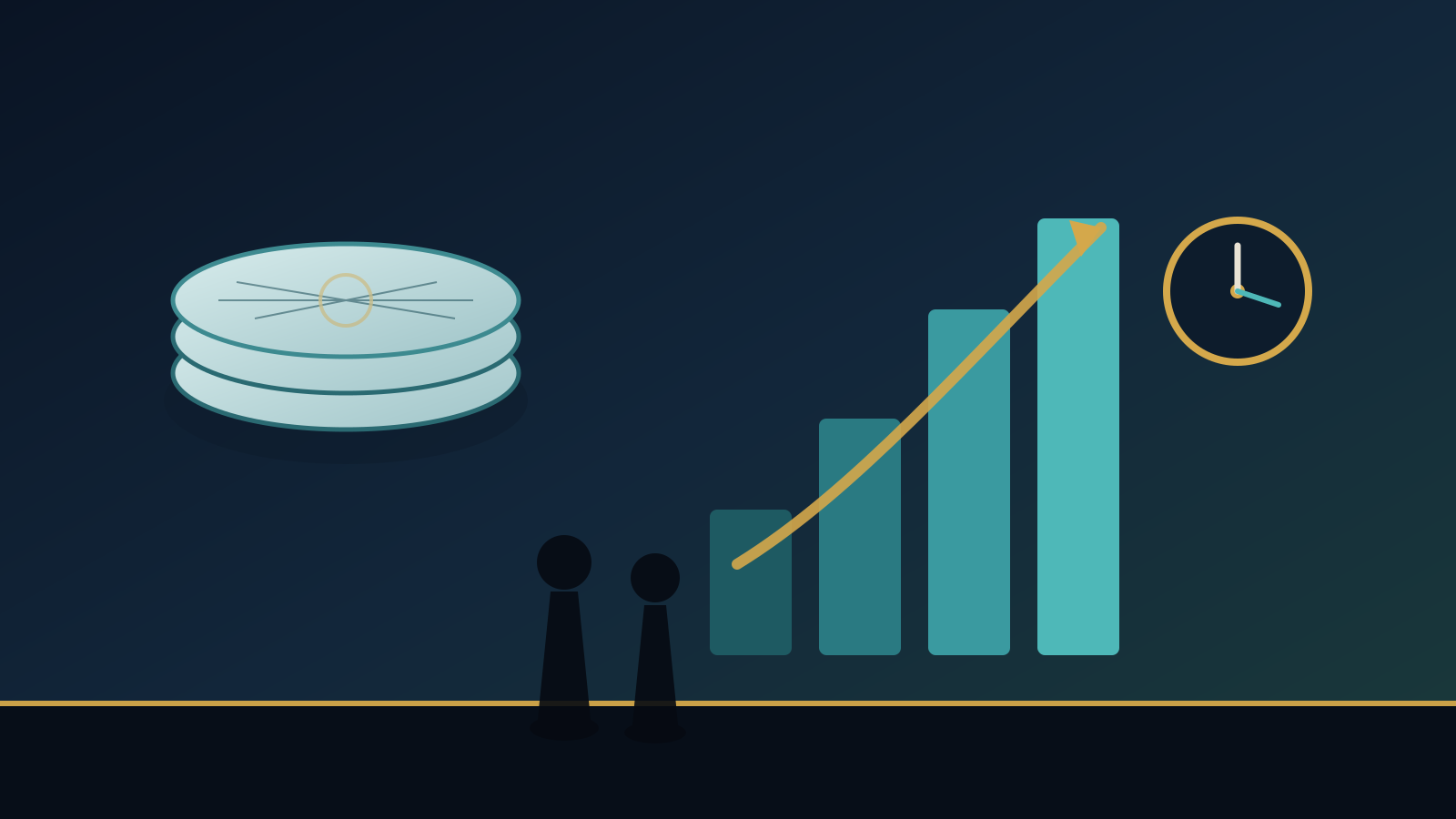 Flat editorial illustration of stacked memory wafers, rising teal revenue bars, a blank after-hours clock and two silhouettes under a deep indigo, teal and gold palette