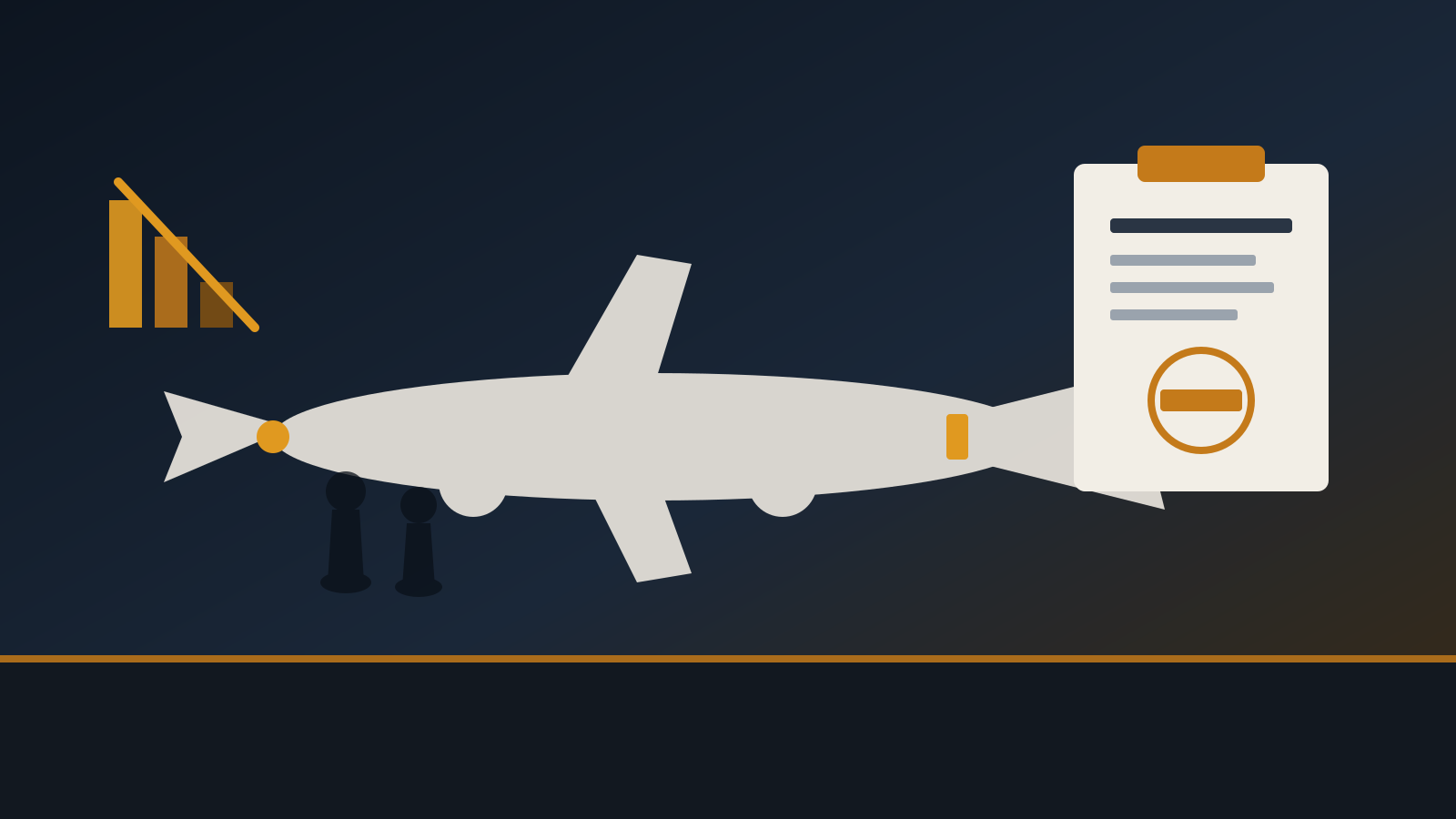 Flat illustration of a jet silhouette, amber certification clipboard hold mark, and falling bars on a dark hangar backdrop
