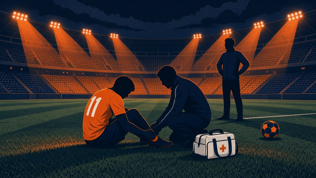 Vlakke illustratie van een geblesseerde Oranje-speler met nummer 11 op een verlicht stadionveld, verzorgd door een fysio terwijl de bondscoach toekijkt