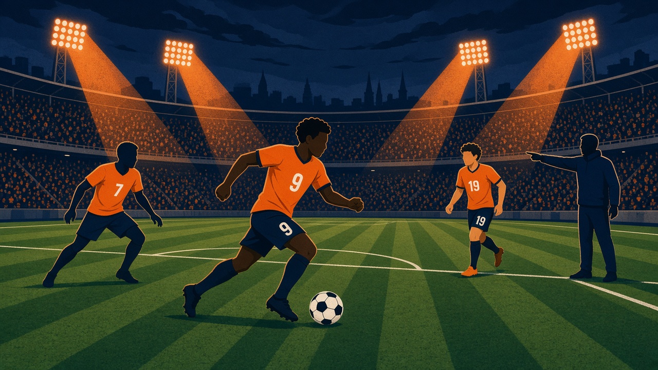 Vlakke illustratie van Oranje-spelers die onder floodlights een spannend uitduel spelen in een vol stadion
