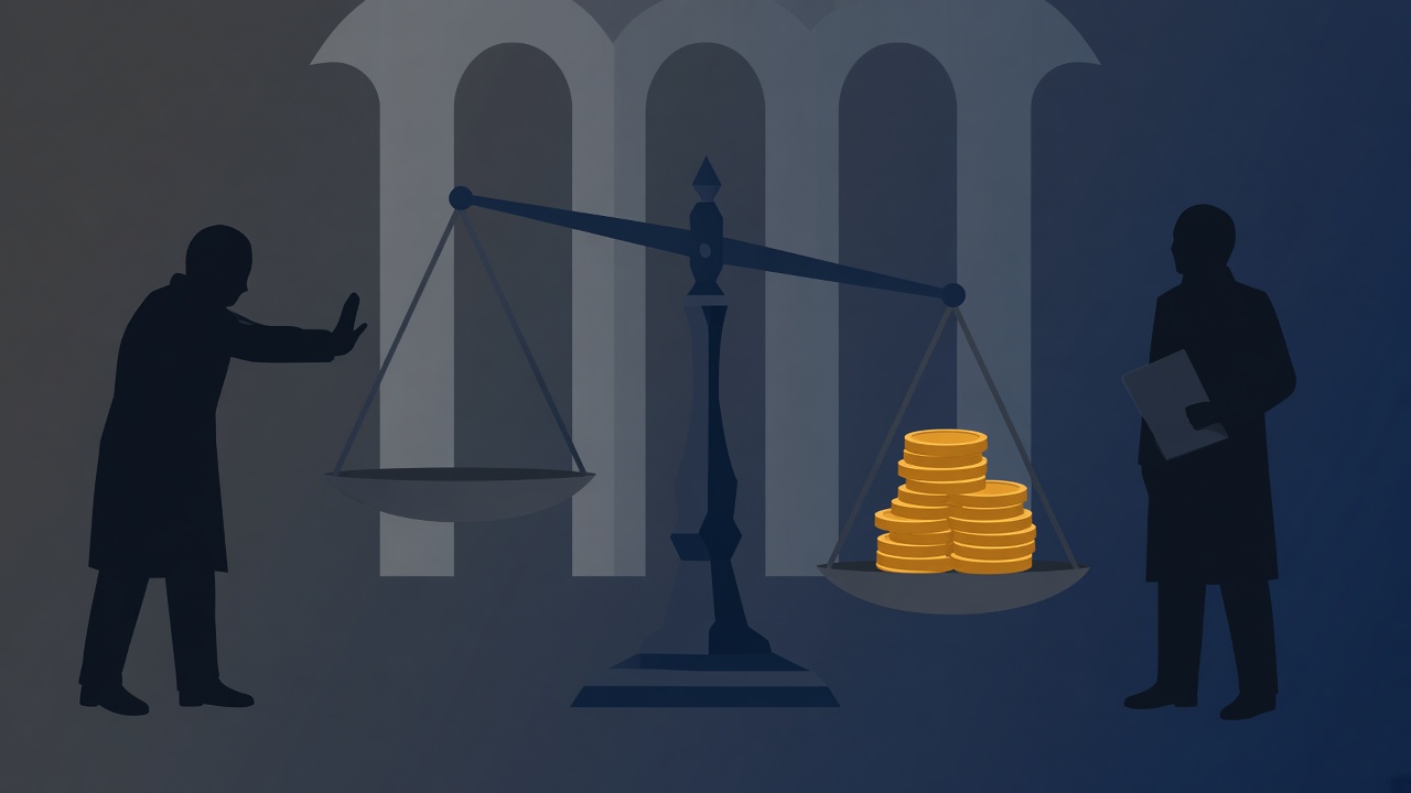 Vlakke illustratie van een scheve weegschaal met munten, twee silhouetten en EU-bogen