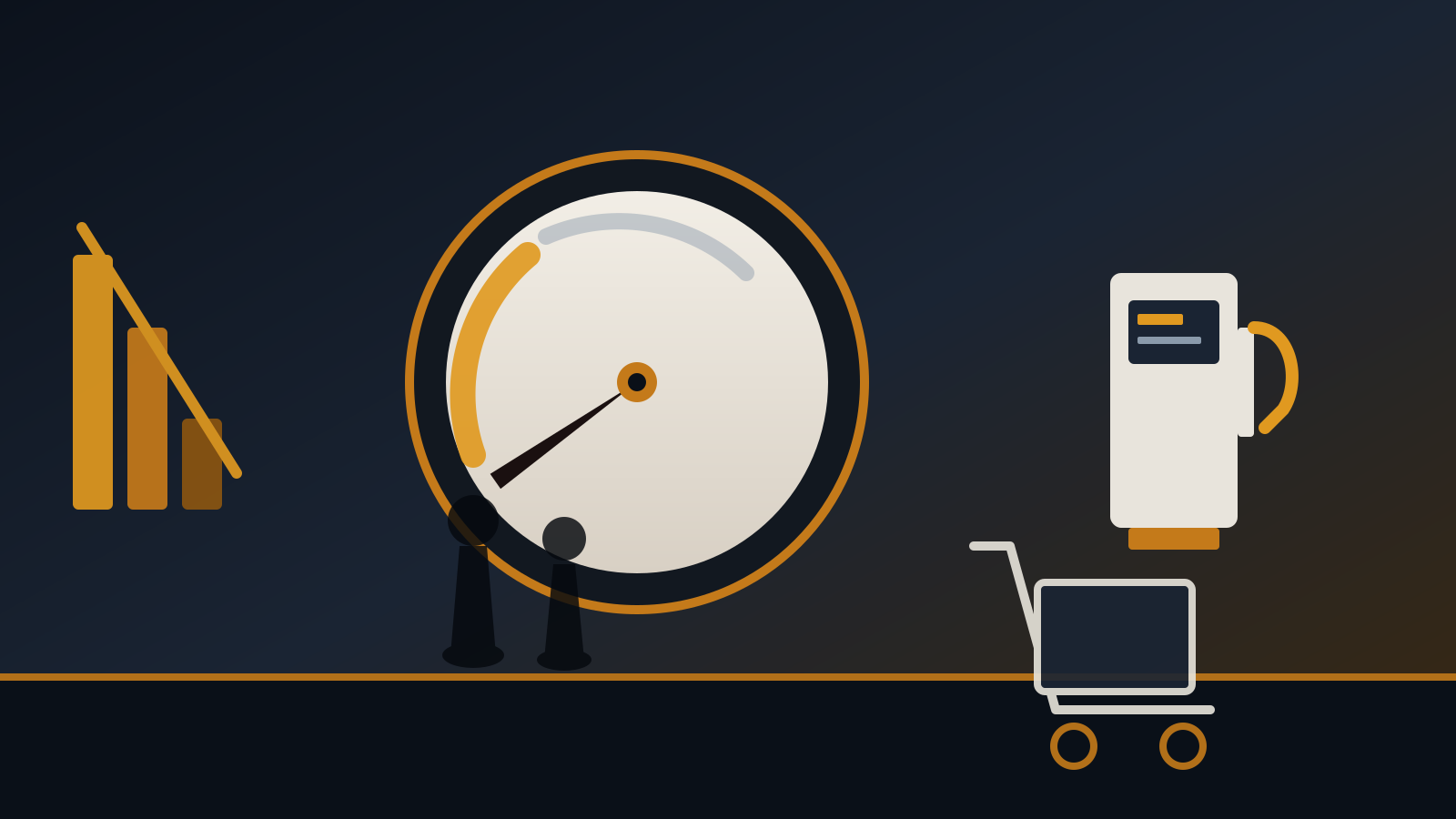 Flat editorial illustration of a falling confidence gauge, empty shopping cart and amber fuel pump with two silhouettes under a dark navy and amber palette