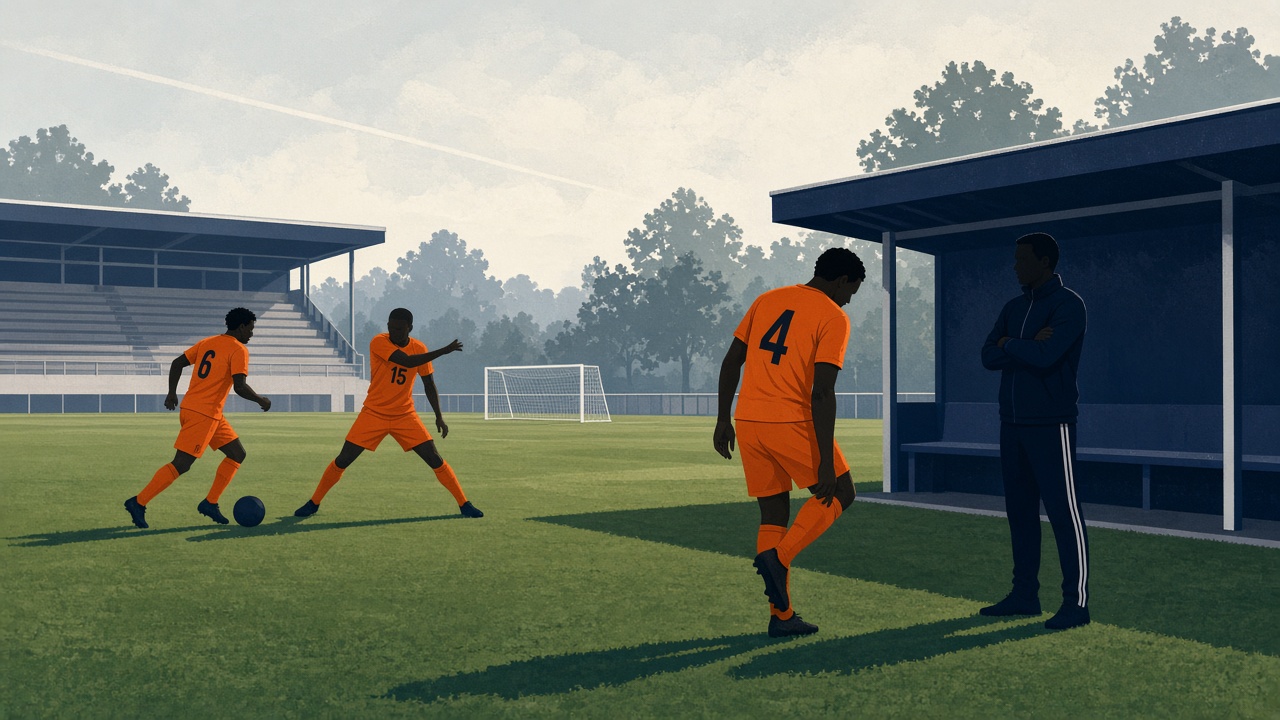Vlakke illustratie van een Oranje-verdediger die tijdens training naar de dug-out loopt terwijl teamgenoten doorgaan