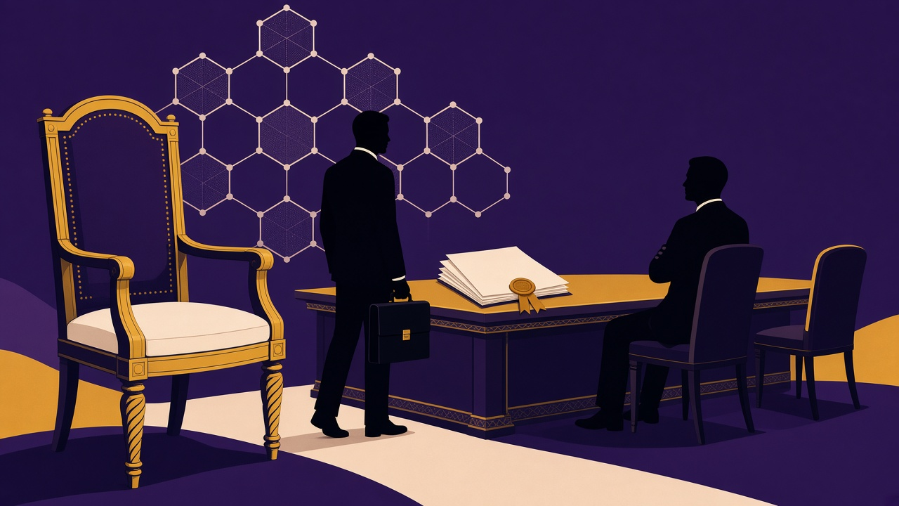 Vlakke illustratie van een lege toezichtsstoel, een open dossierstapel en twee silhouetten bij een dunne raad