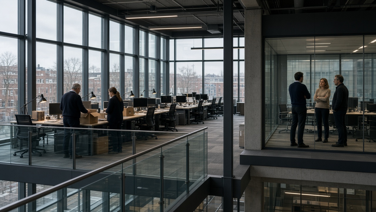 Office workers packing boxes in a modern atrium under overcast daylight while colleagues confer behind glass