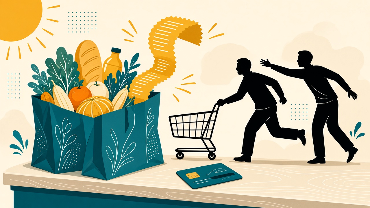 Flat editorial illustration of shopping bags, a receipt and credit card with shopping silhouettes in deep ocean teal, sunny marigold and soft sand