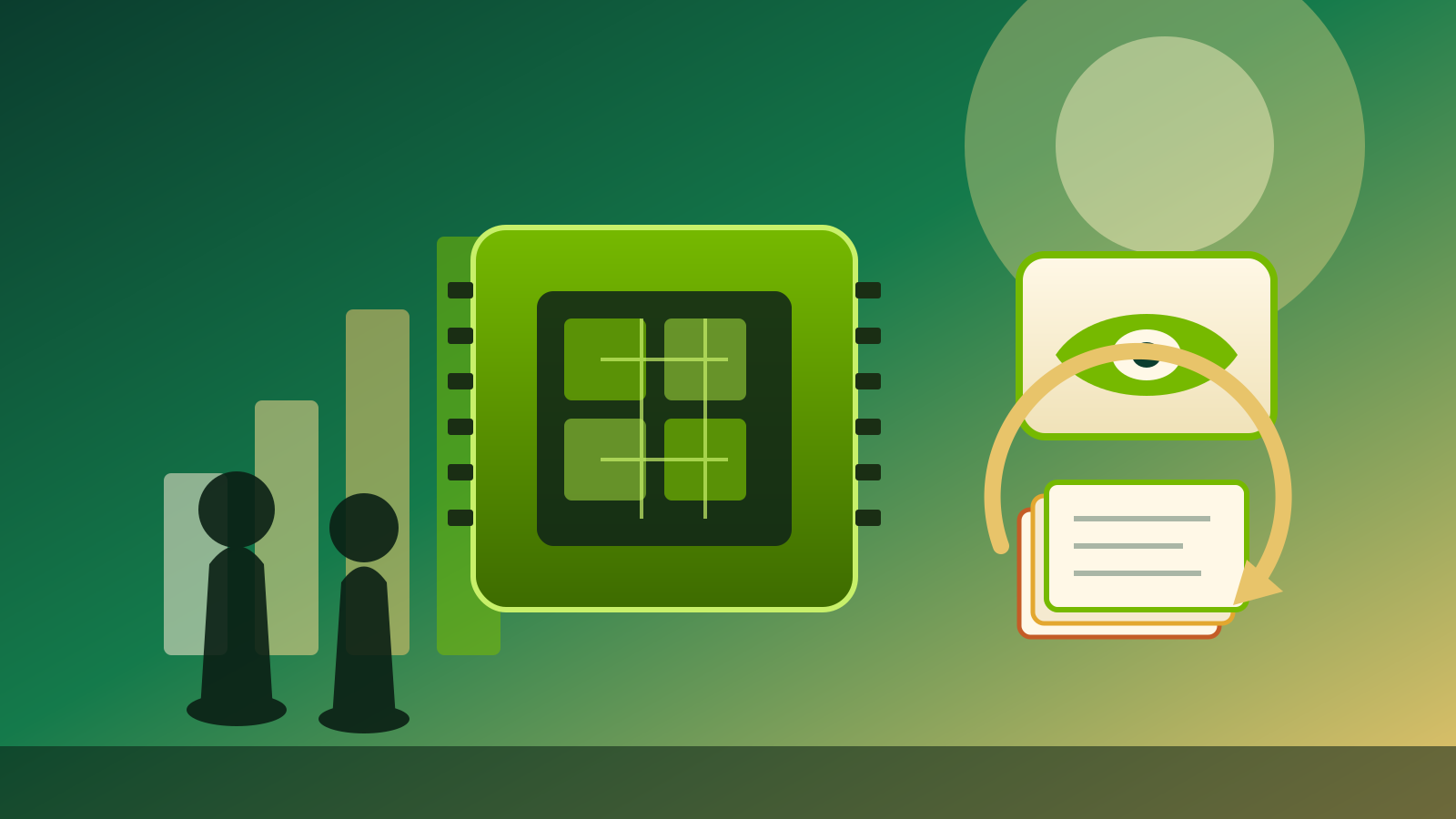 Flat illustration of a green AI chip, stylized eye badge, rising bars and looping repurchase arrows in warm green and gold