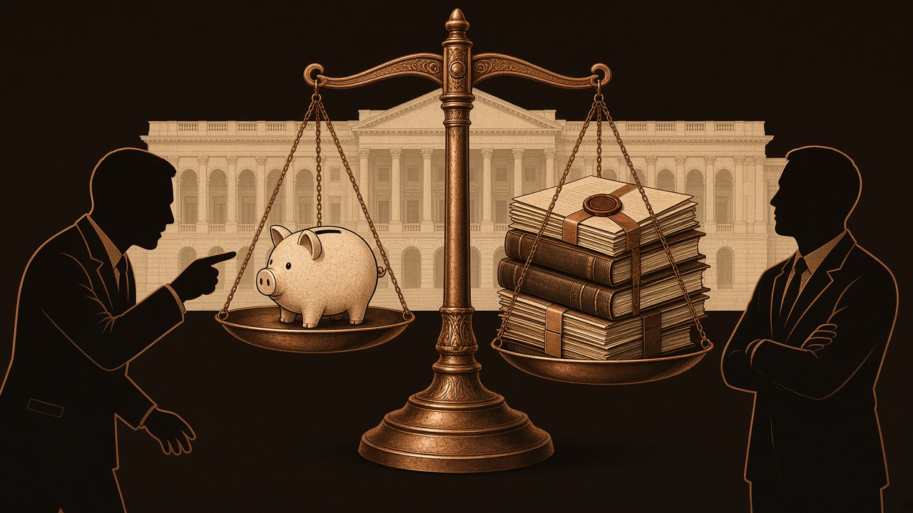 Vlakke illustratie van een weegschaal met spaarpot en dossiers, parlement op de achtergrond en discussiërende silhouetten