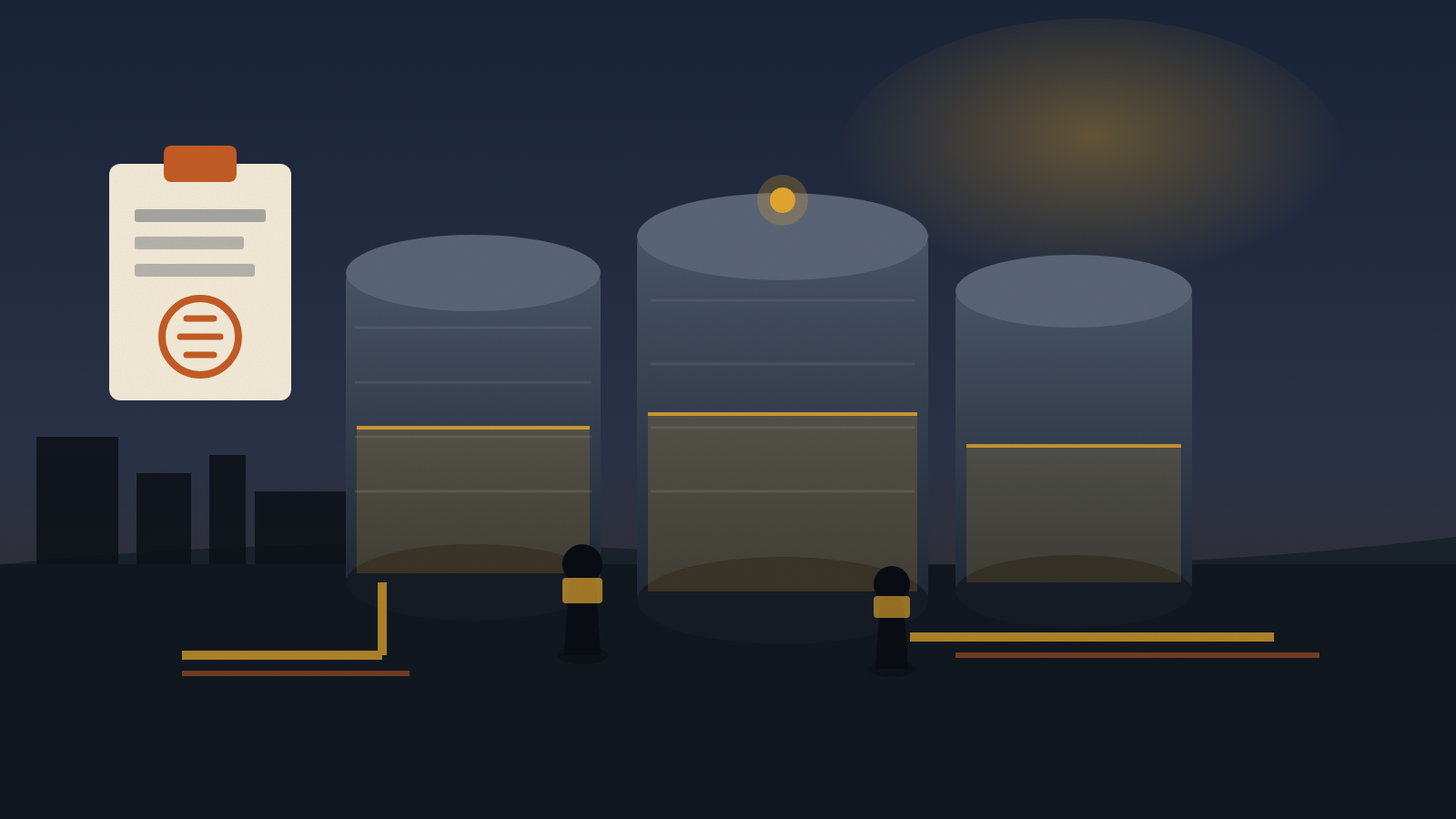 Flat illustration of gas storage tanks with a policy clipboard under amber industrial light