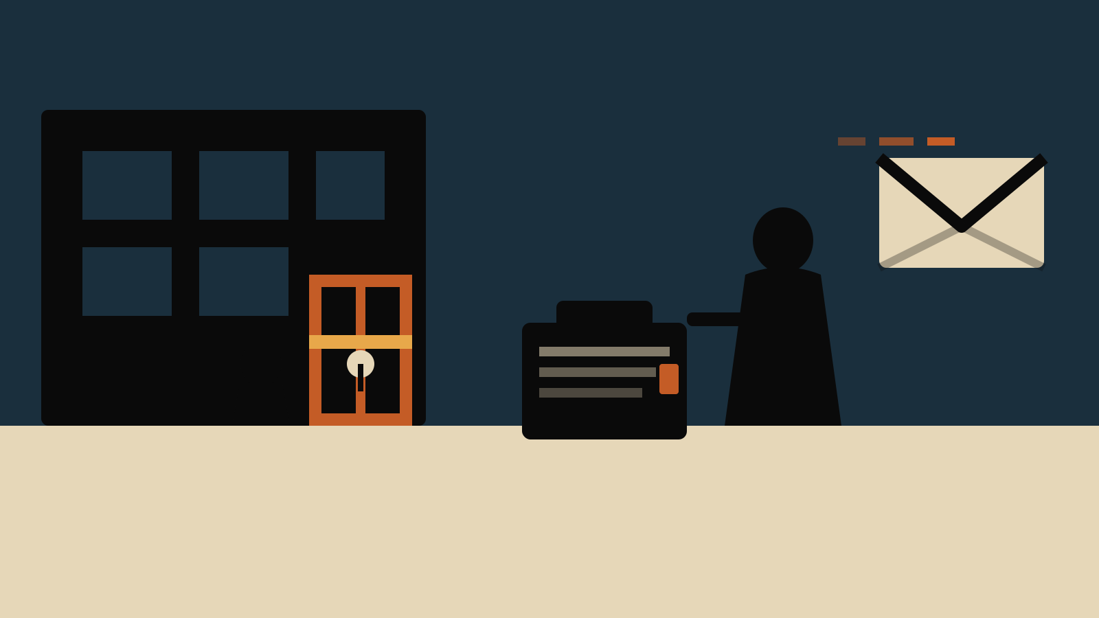Flat illustration of a locked platform gate, a suitcase of files, and an envelope leaving
