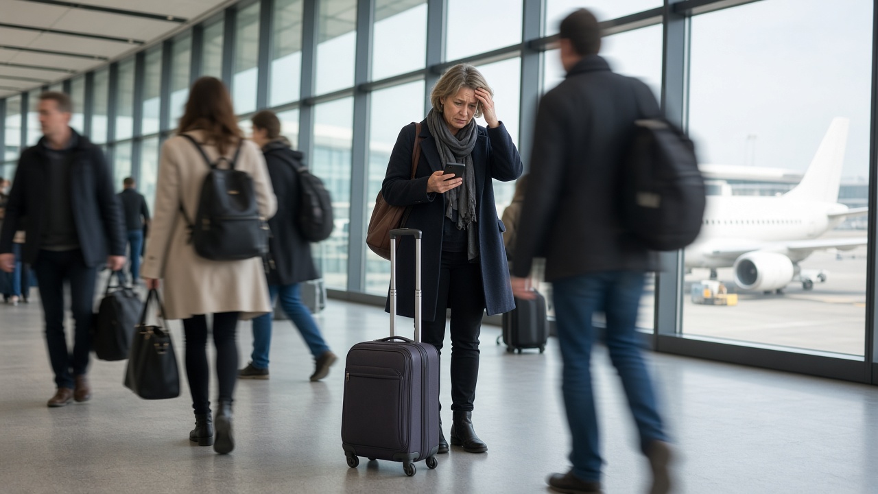 Reiziger met koffer kijkt bezorgd naar haar telefoon in een vertrekhal